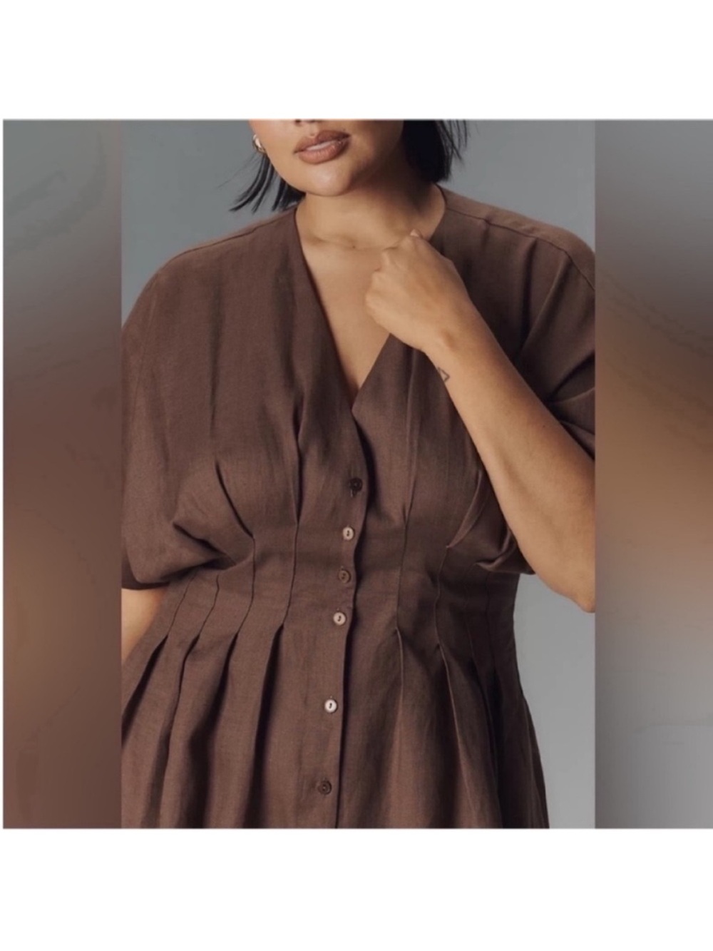 Anthropologie Exquise Brown linen Button-Front Waist-Defined Mini Dress - Picture 3 of 7